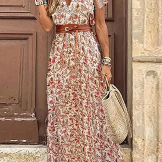 Irina - Vestidos de corte em A com estampado elegante, sem cinto e com decote em V