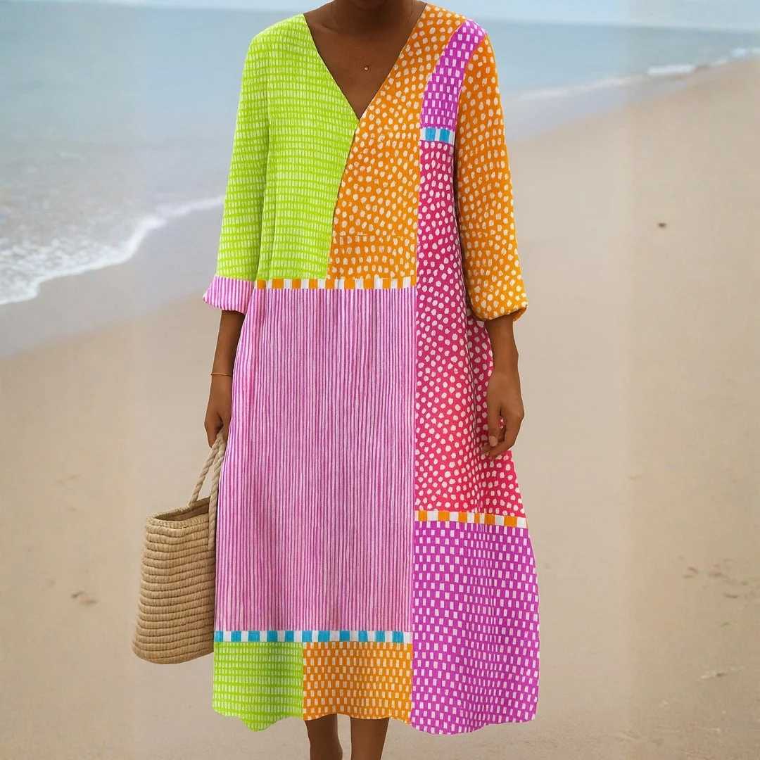Fátima - Vestido de Patchwork Colorido com Bolinhas e Listras