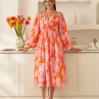 Moda Lusitana - Vestido Midi Encantado Laranja