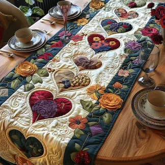 Caminho de Mesa Acolchoado Corações em Flor