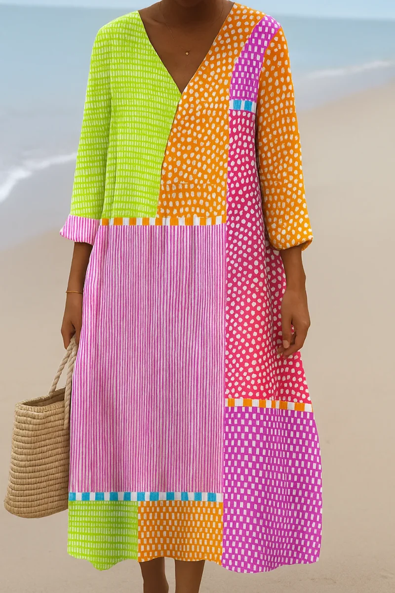 Fátima - Vestido de Patchwork Colorido com Bolinhas e Listras - Image 3