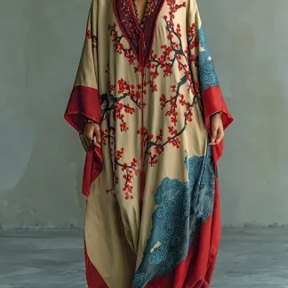Zaki - Vestido Maxi com Impressão de Flor de Ameixa Vermelha Japonesa