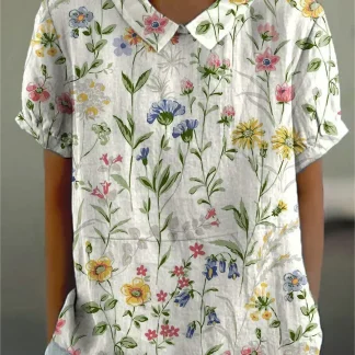 Camila - Camisa casual feminina em algodão e linho com estampado floral retro