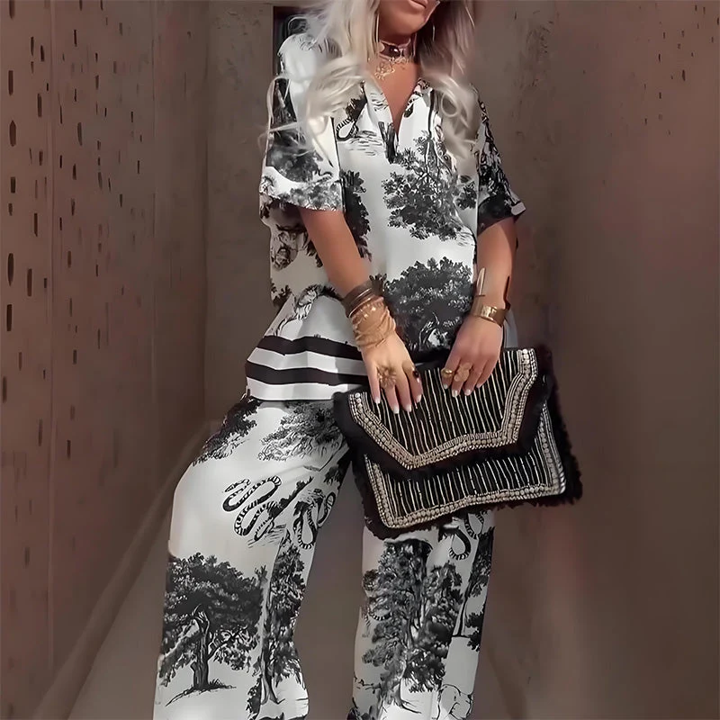 Blusa com decote em V estampada + calça comprida – Estilo de verão elegante e leve - Image 3